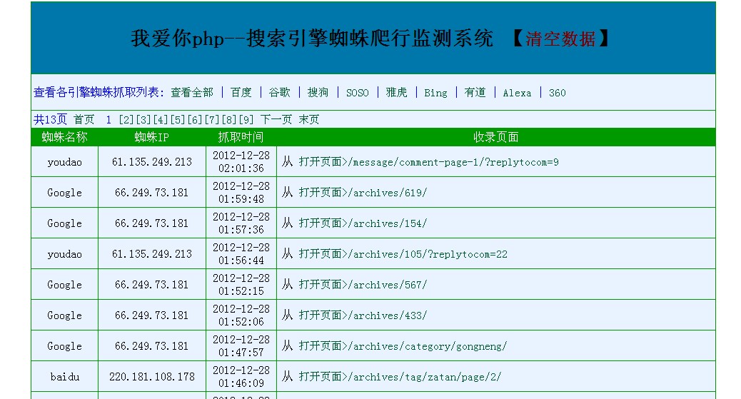 php捕捉各大搜索引擎的蜘蛛、爬虫记录